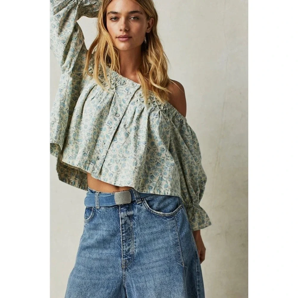 Free People James Smock Off Shoulder Floral Crop Top Blue Cottagecore Size S